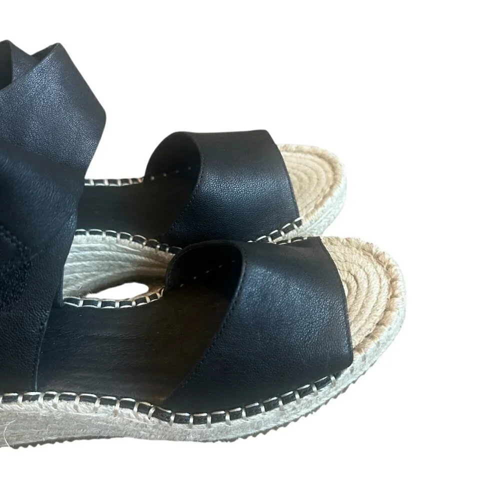 Eileen Fisher Weslia Black Wedge Sandals Espadrille Ankle Strap Size 9 Women's